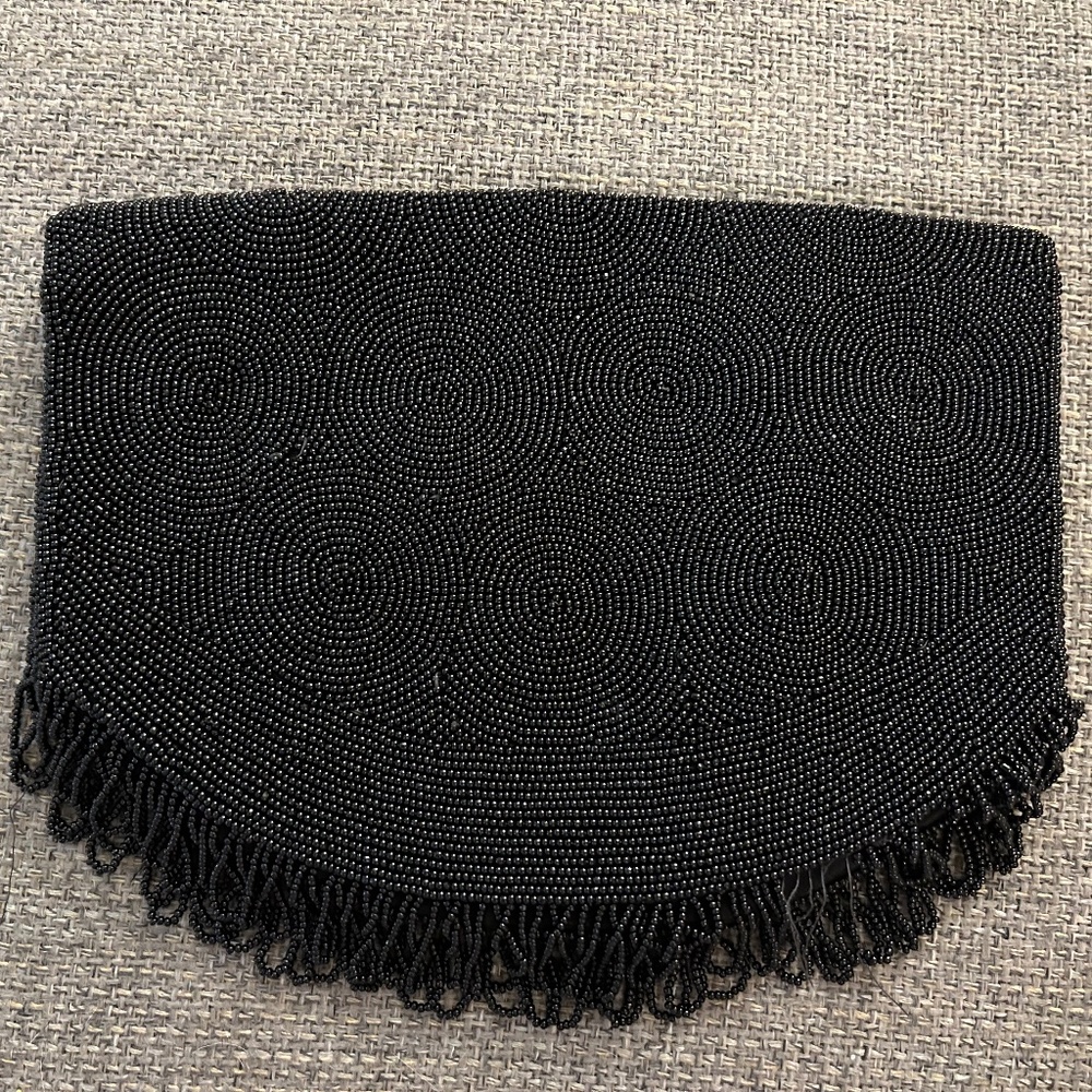 Jorelle Belgium Vintage micro beaded fringed circular pattern clutch bag black